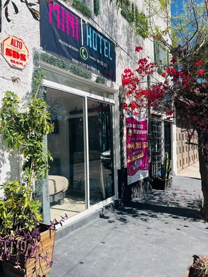 Welcome to the Mini Hotel, featuring a spacious glass entrance and a charming garden area.