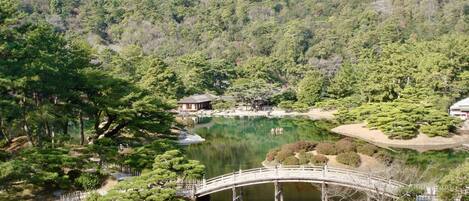 Un jardín japonés tradicional con un puente de madera sobre un estanque, rodeado de abundante vegetación y un telón de fondo montañoso.