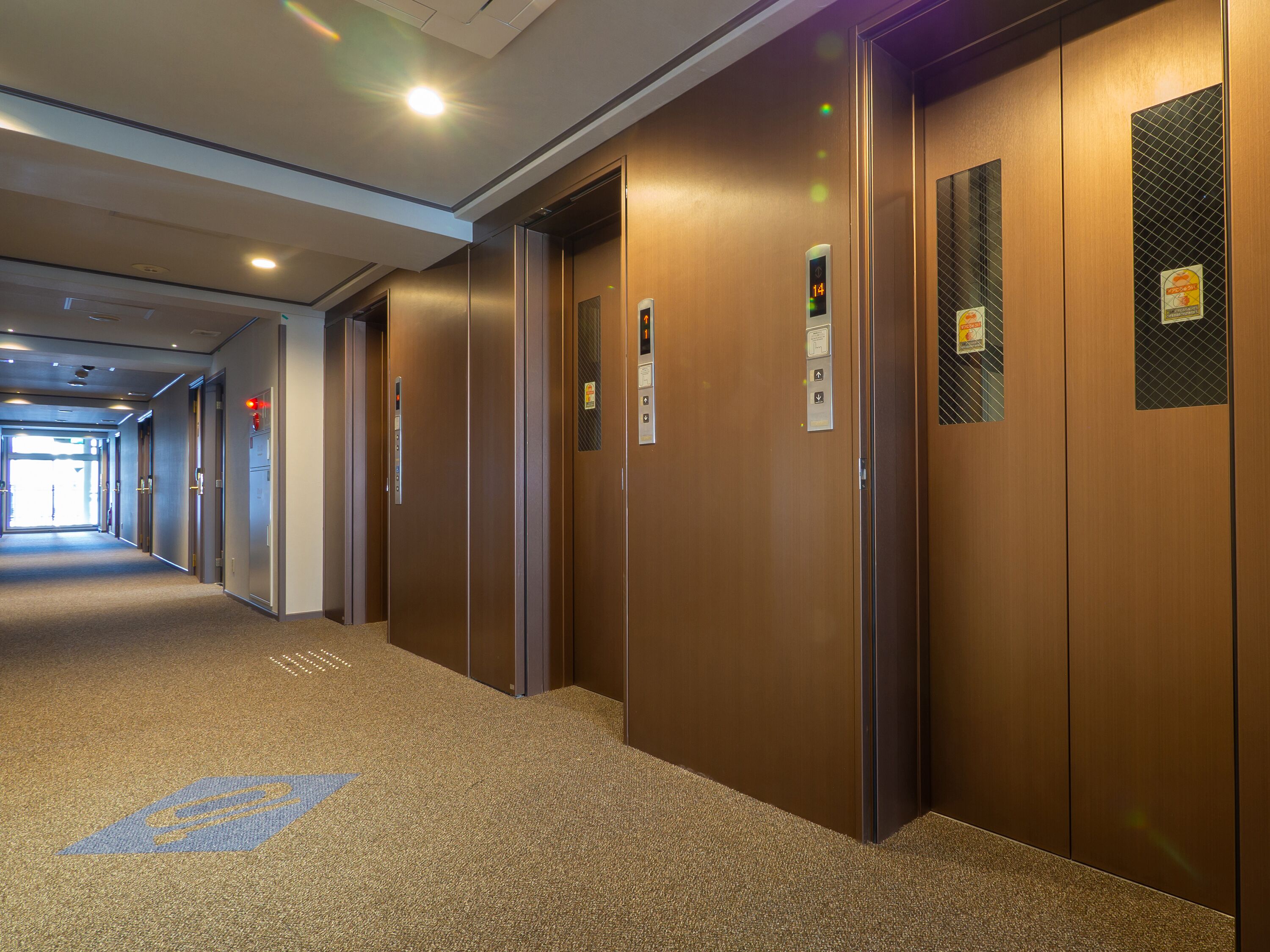 A hallway with multiple elevators, carpeted floors, and a visible exit door at the end.