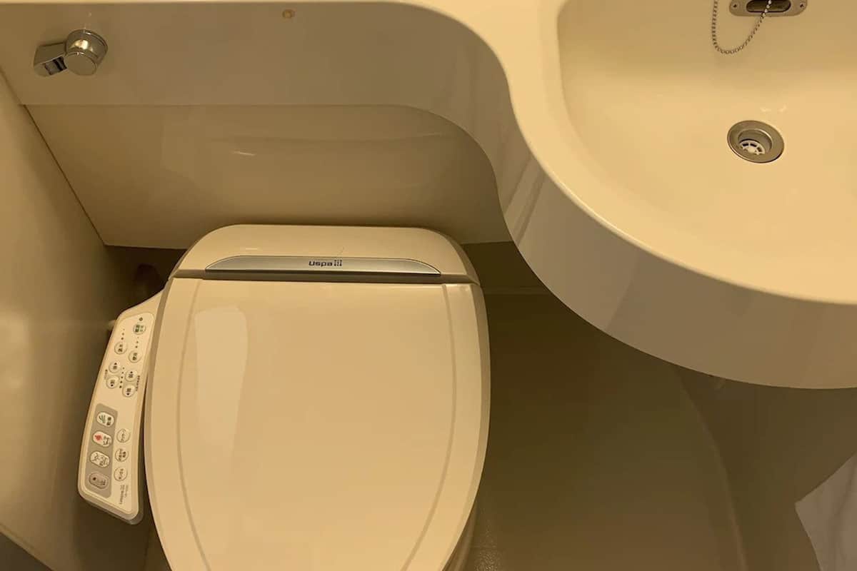 combined shower/bathtub, slippers, electronic bidet, towels