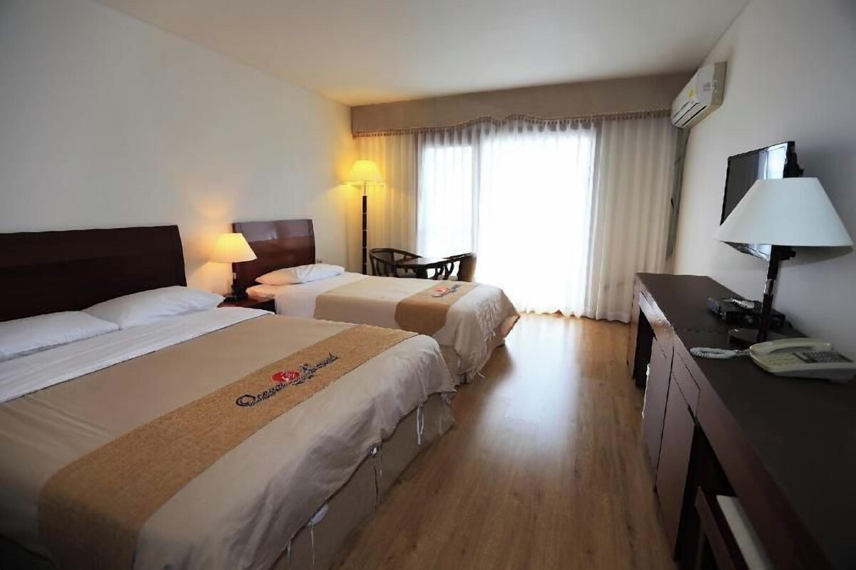 Habitación de hotel con dos camas, un escritorio, una silla y un televisor.