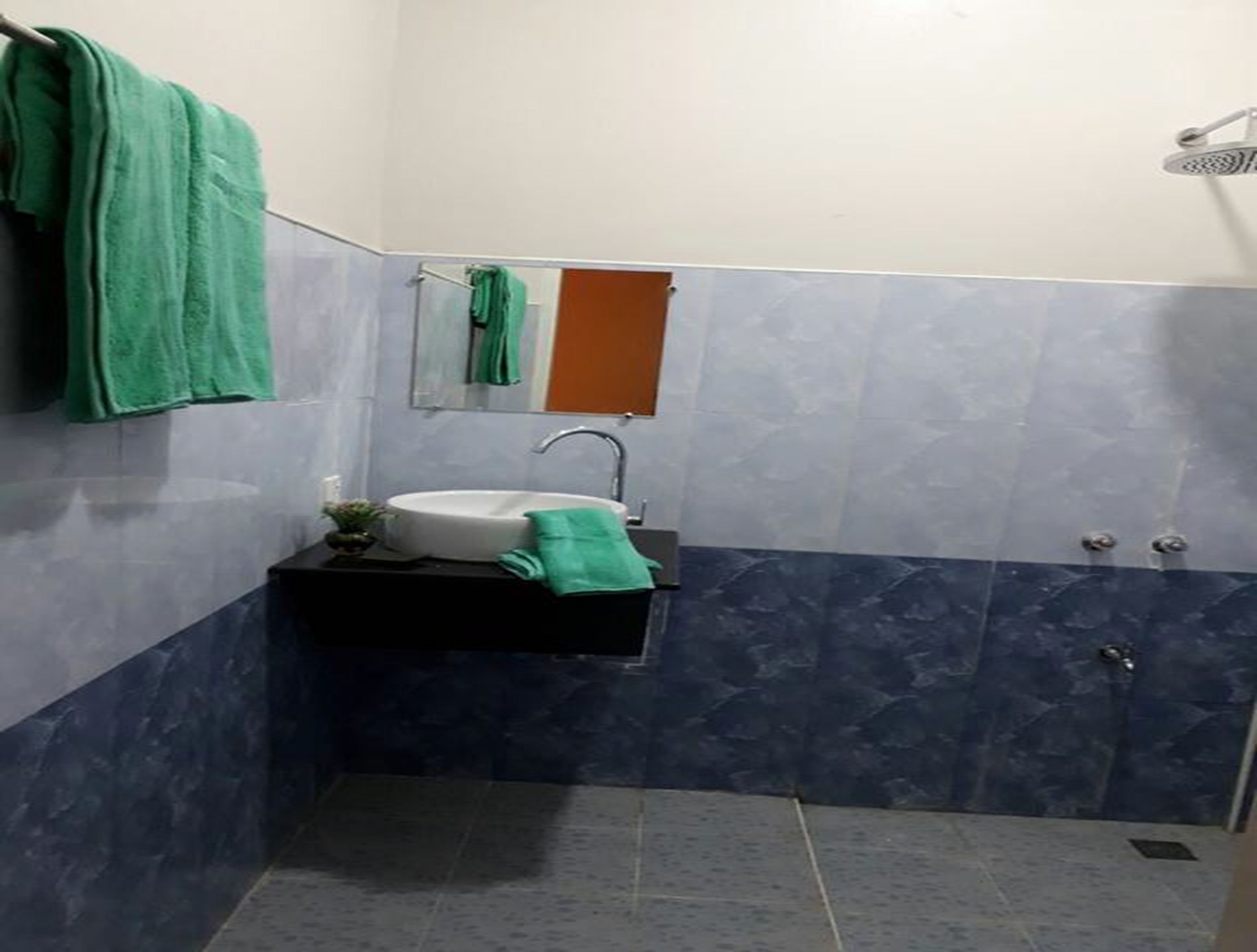 Un baño con lavamanos, espejo y ducha.