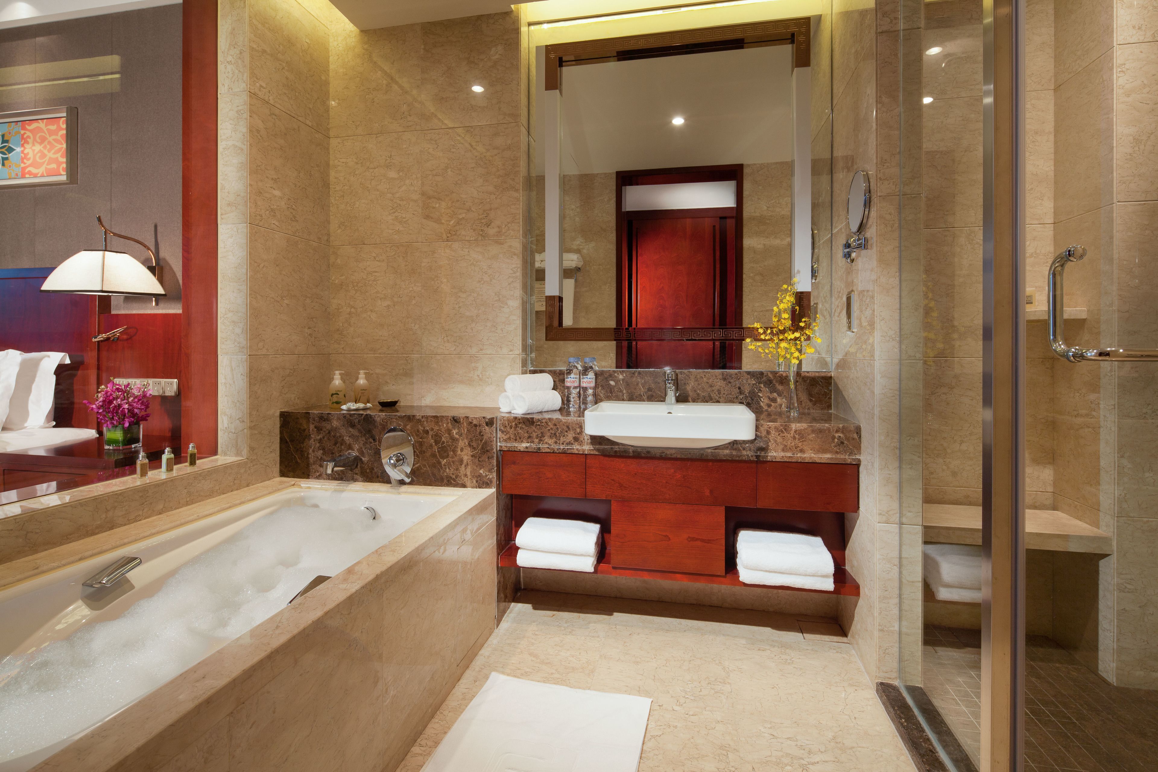 separate bathtub and shower, free toiletries, hair dryer, dressing gowns