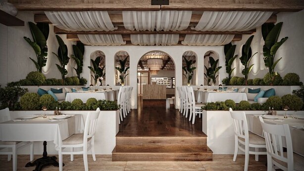 A restaurant with a central wooden staircase, white tables and chairs, and large green plants. - Buyukada Port Hotel (Adalar)