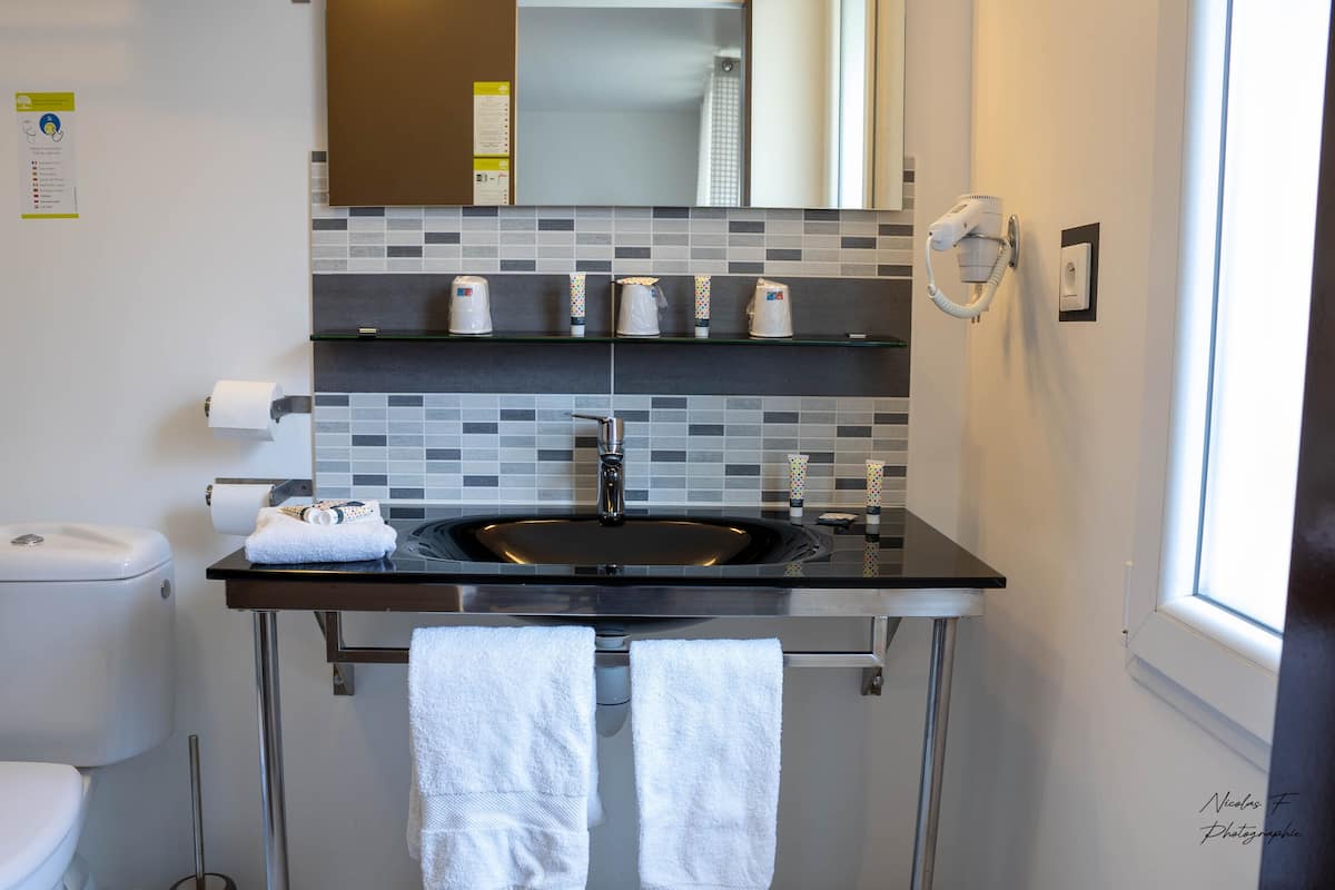 shower, free toiletries, hair dryer, towels