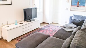 A living room with a flat-screen TV on a white cabinet, a grey sofa, a patterned rug, and a framed picture on the wall. - Cà Farnese (Venice)