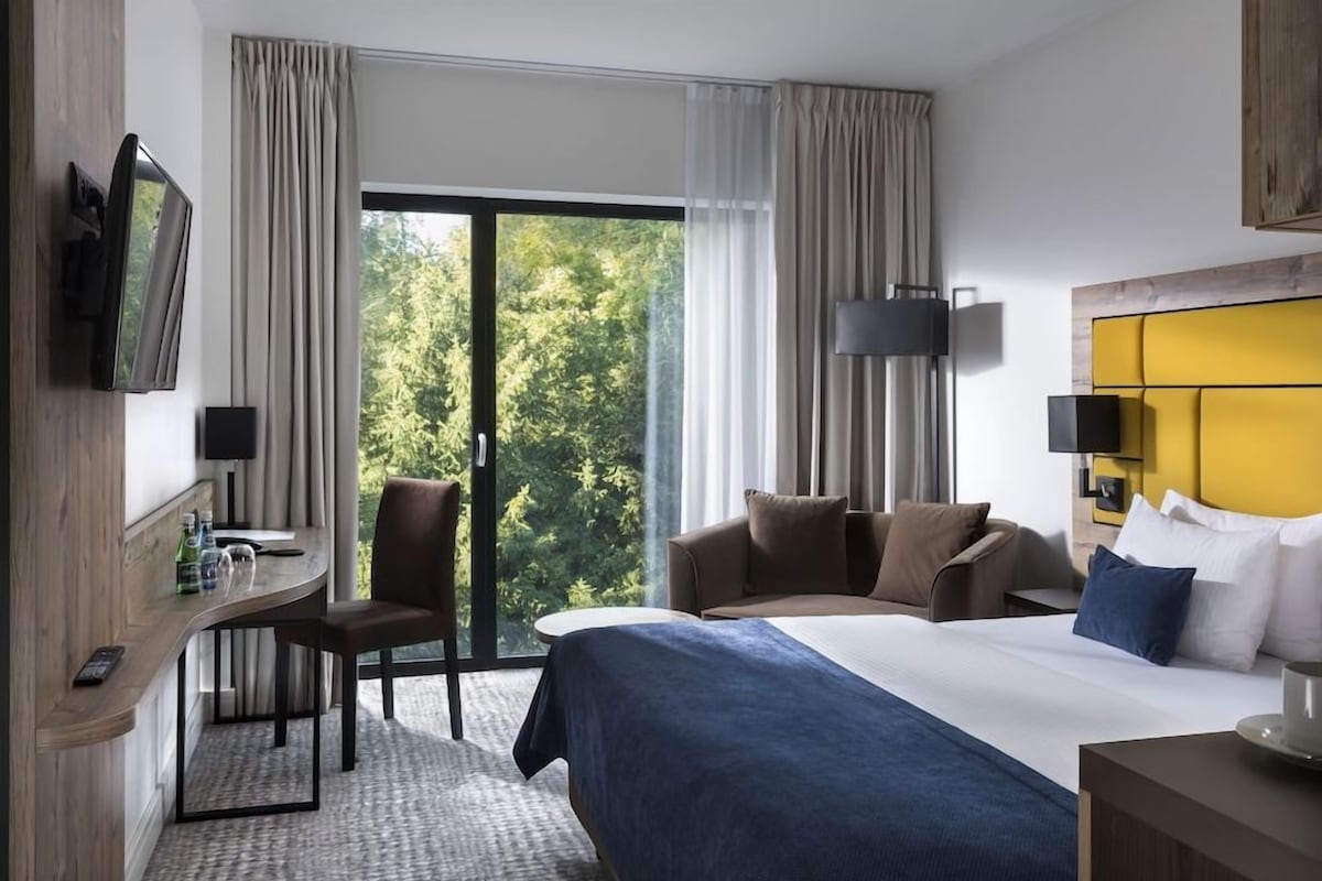A hotel room with a large bed, a desk with a chair, a TV, and a view of trees through the window.