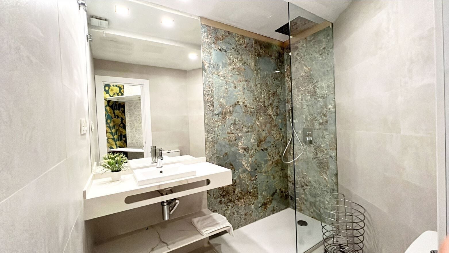 Une salle de bain moderne avec une douche à parois de verre, un lavabo blanc avec un miroir et une petite plante posée sur le comptoir.
