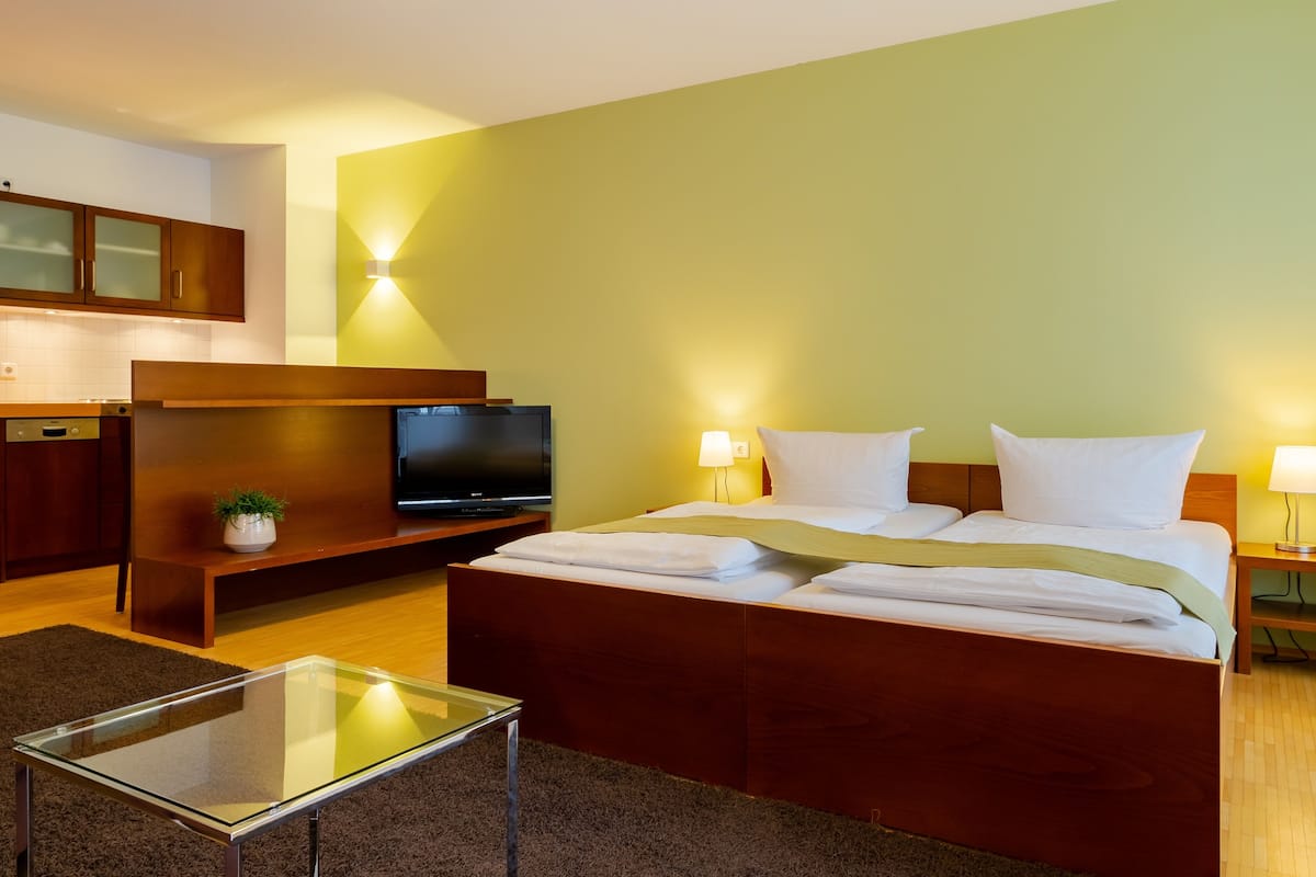 1 bedroom, desk, laptop workspace, blackout curtains