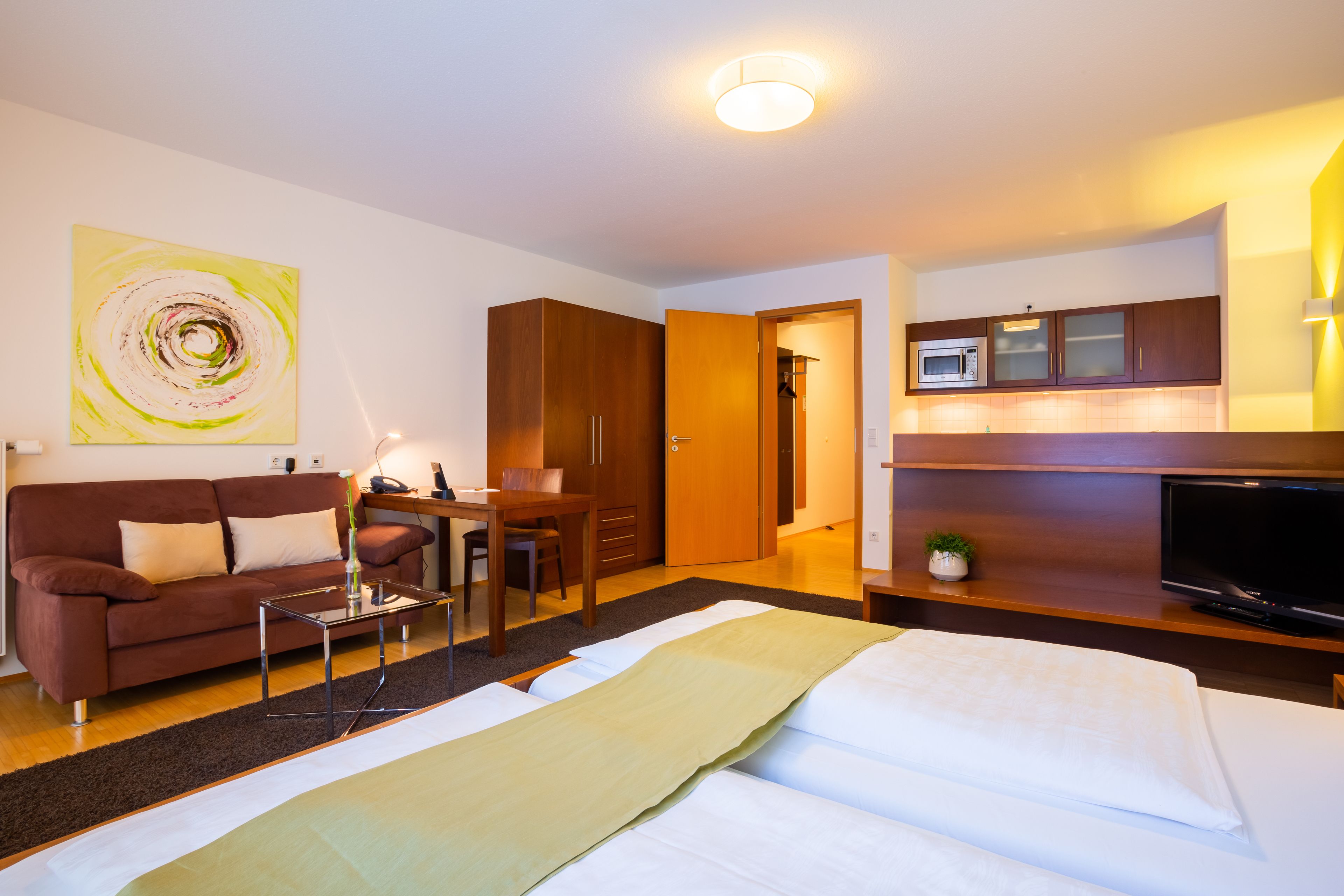 1 bedroom, desk, laptop workspace, blackout curtains