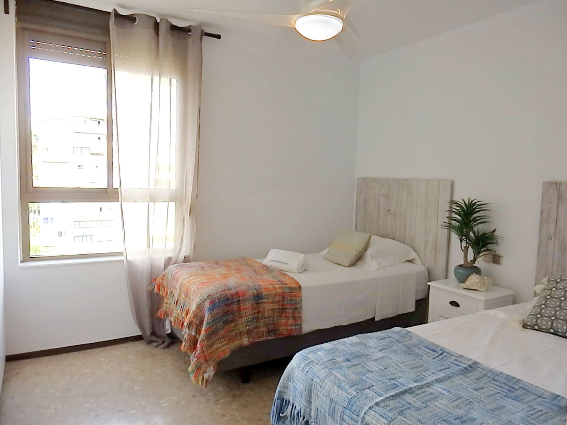A bedroom with two beds, a window with curtains, a bedside table with a plant, and a headboard.
