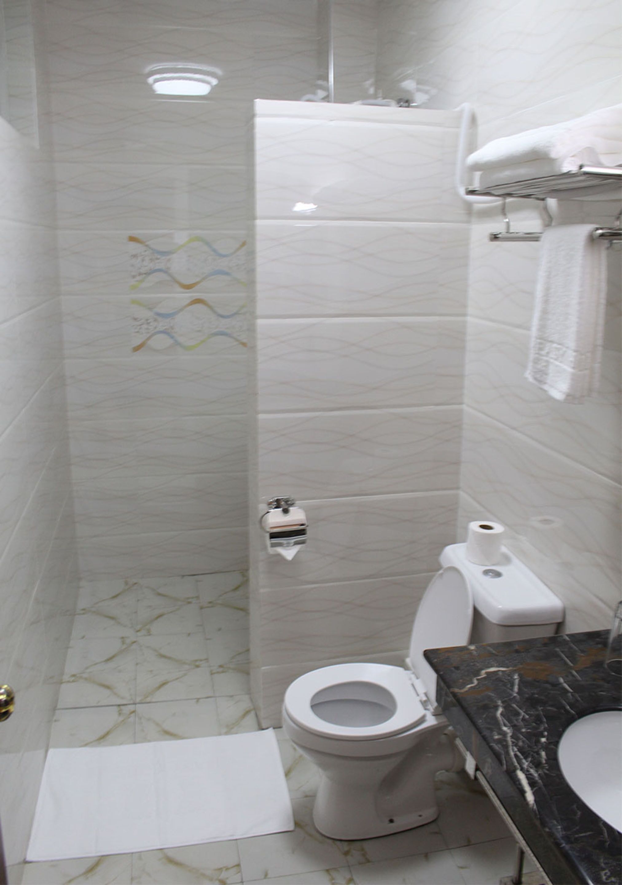 A bathroom with a toilet, sink, and shower.