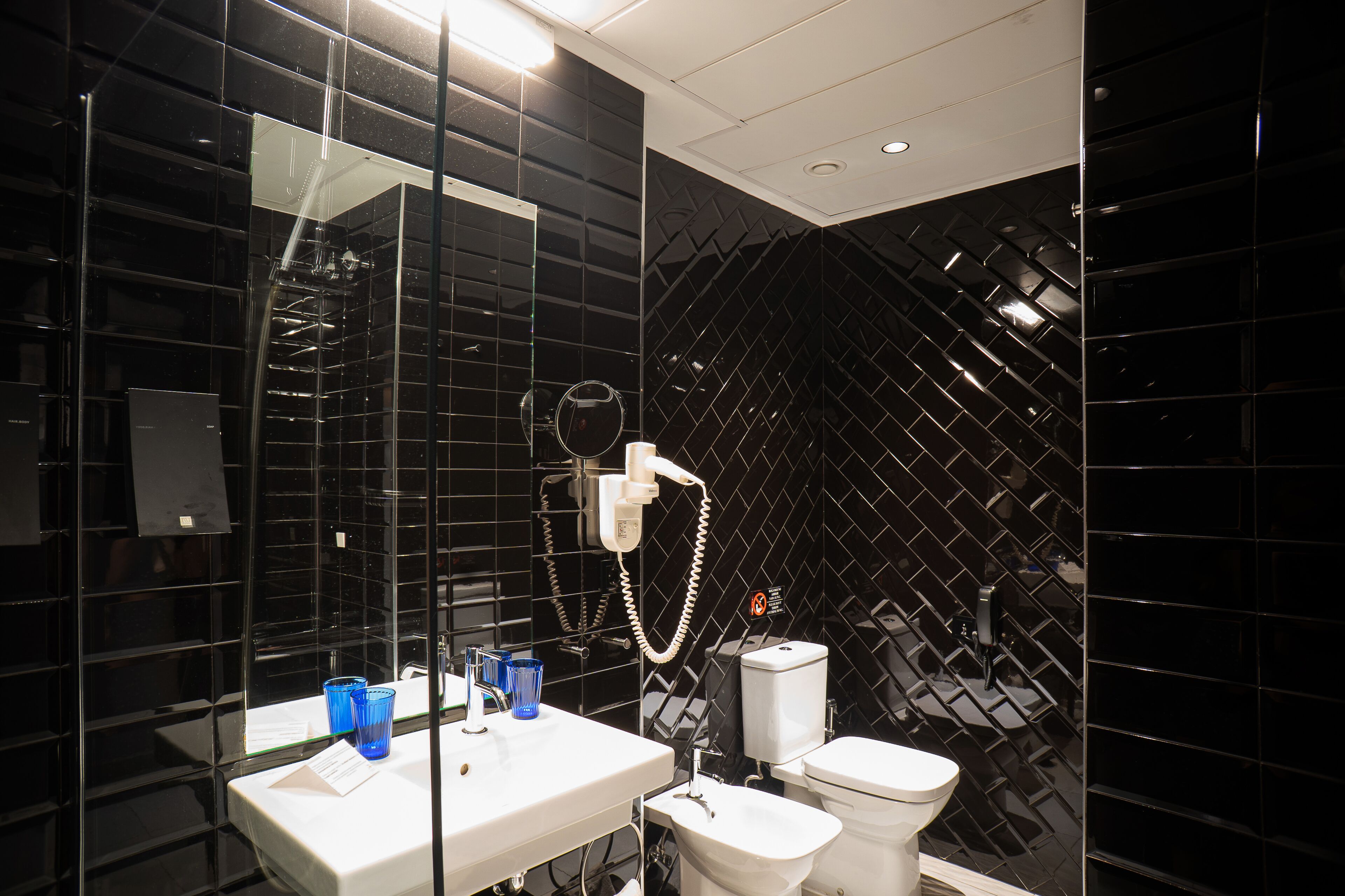 Une salle de bain moderne avec un mur recouvert de carreaux noirs, un lavabo blanc, des toilettes et une douchette à main.