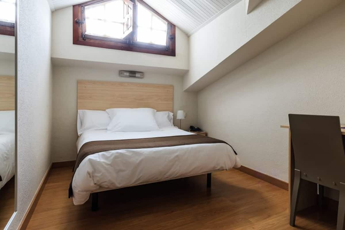 A bedroom with a bed, a desk, and a skylight.