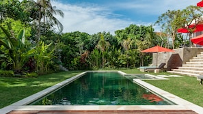 Une piscine rectangulaire avec une terrasse en bois au premier plan, entourée d’une végétation luxuriante et d’un mur de pierre.