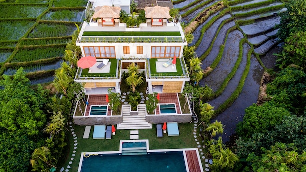 Ein modernes, zweistöckiges Haus mit Schwimmbad, umgeben von üppiger Vegetation und terrassierten Reisfeldern.