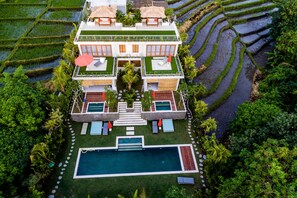 Una casa moderna de dos pisos con piscina, rodeada de exuberante vegetación y campos de arroz en terrazas.