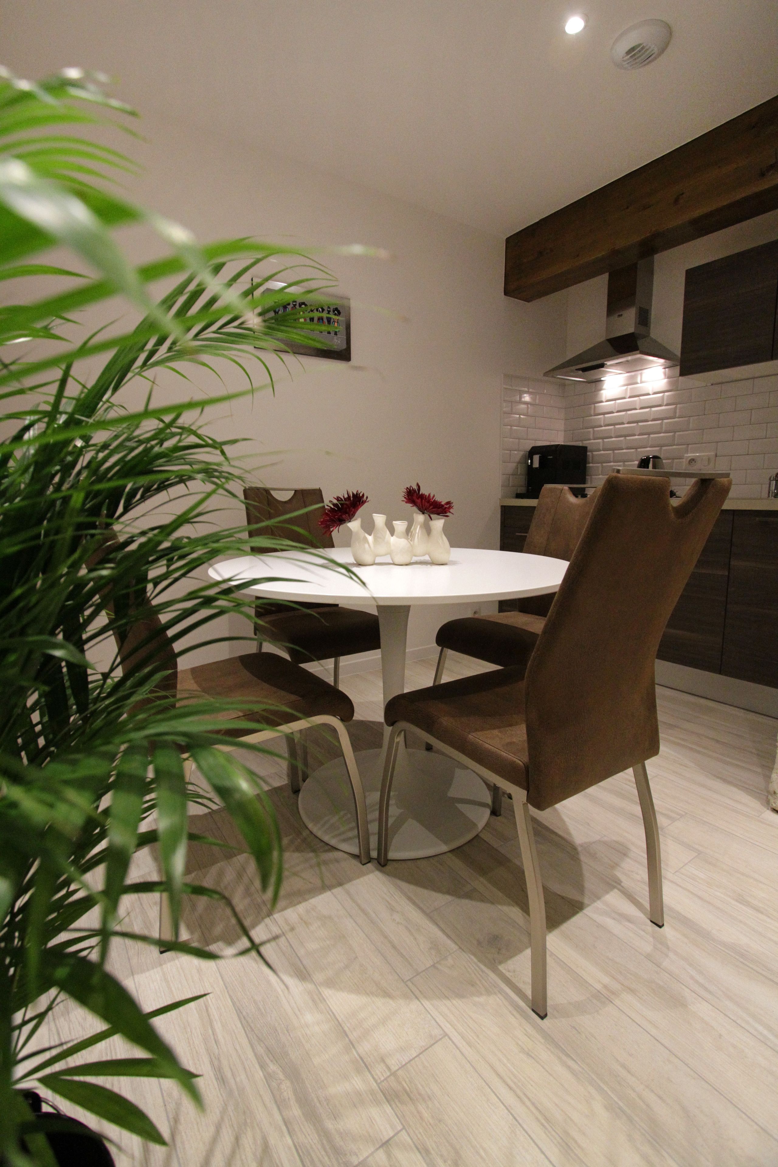 A modern dining area with a round table, brown upholstered chairs, and a potted plant.