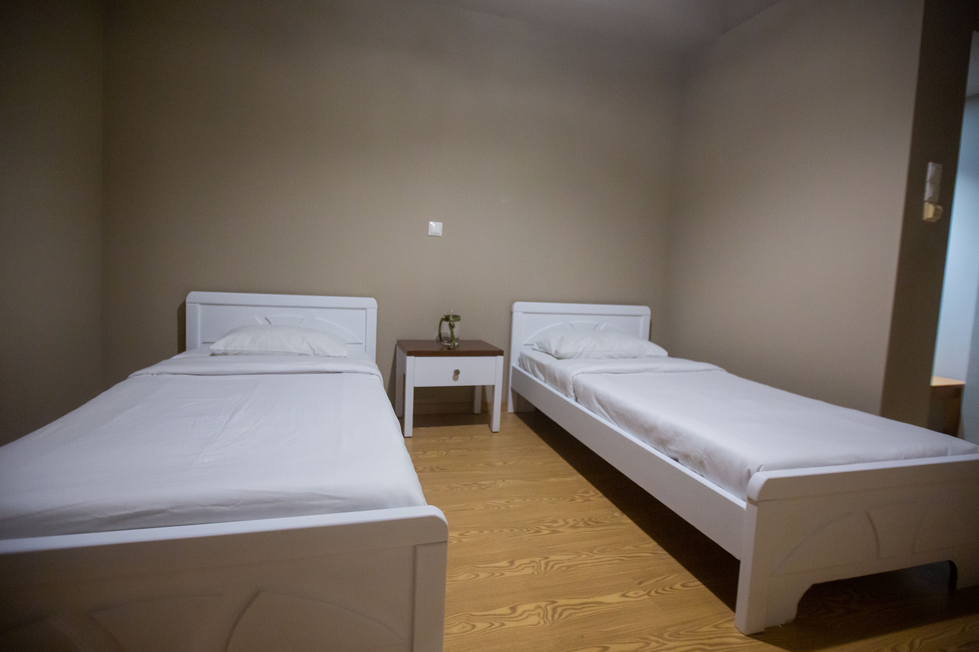 A room with two single beds, a small wooden nightstand with a vase, and a light switch on the wall.