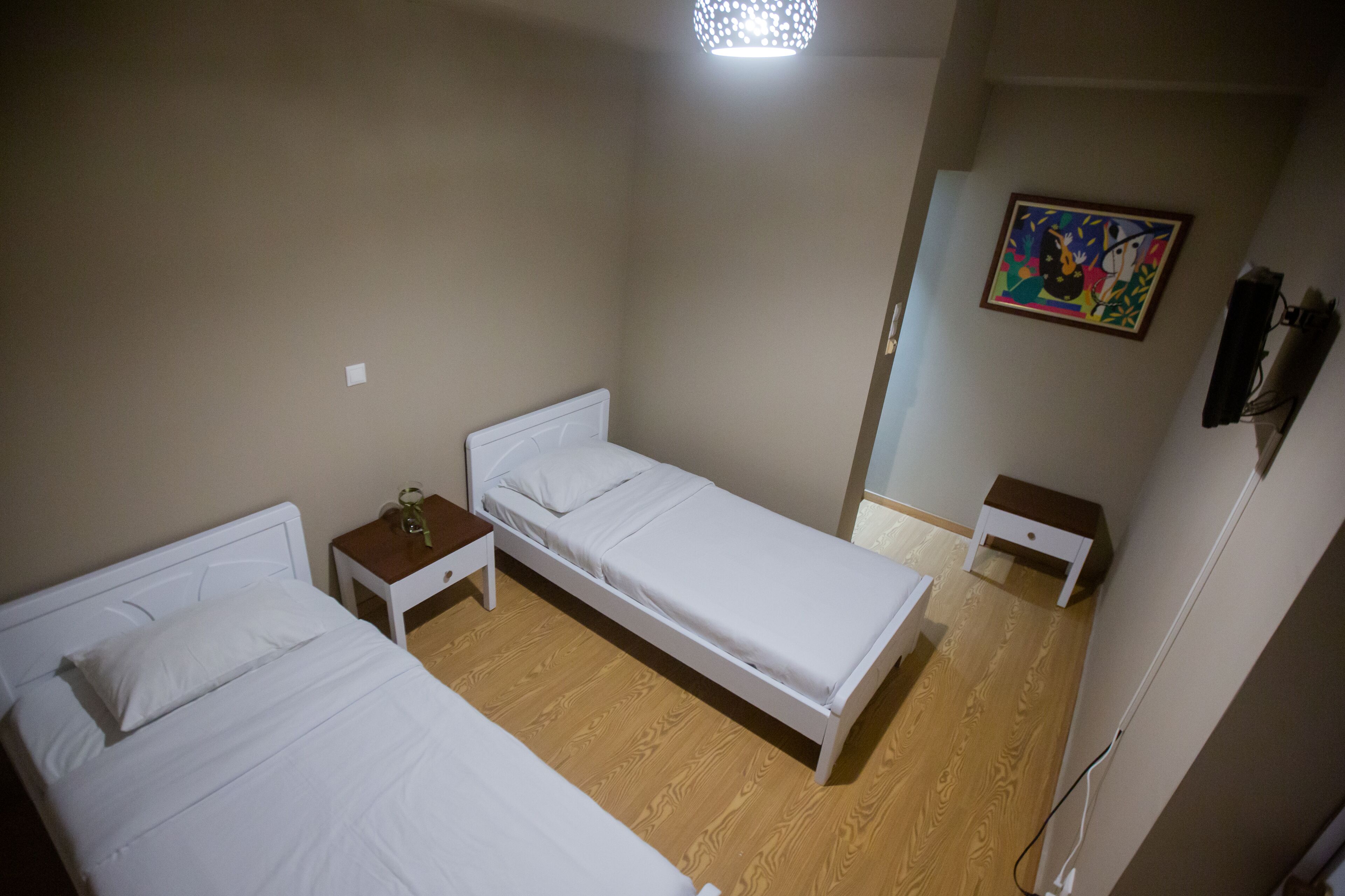Una habitación con dos camas individuales, una mesita con una planta y un cuadro en la pared.