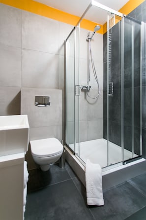 Ducha, secador de pelo, toallas, papel higiénico