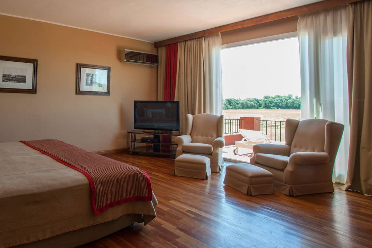 Habitación de hotel con cama, dos sillones, televisión y balcón con vistas.