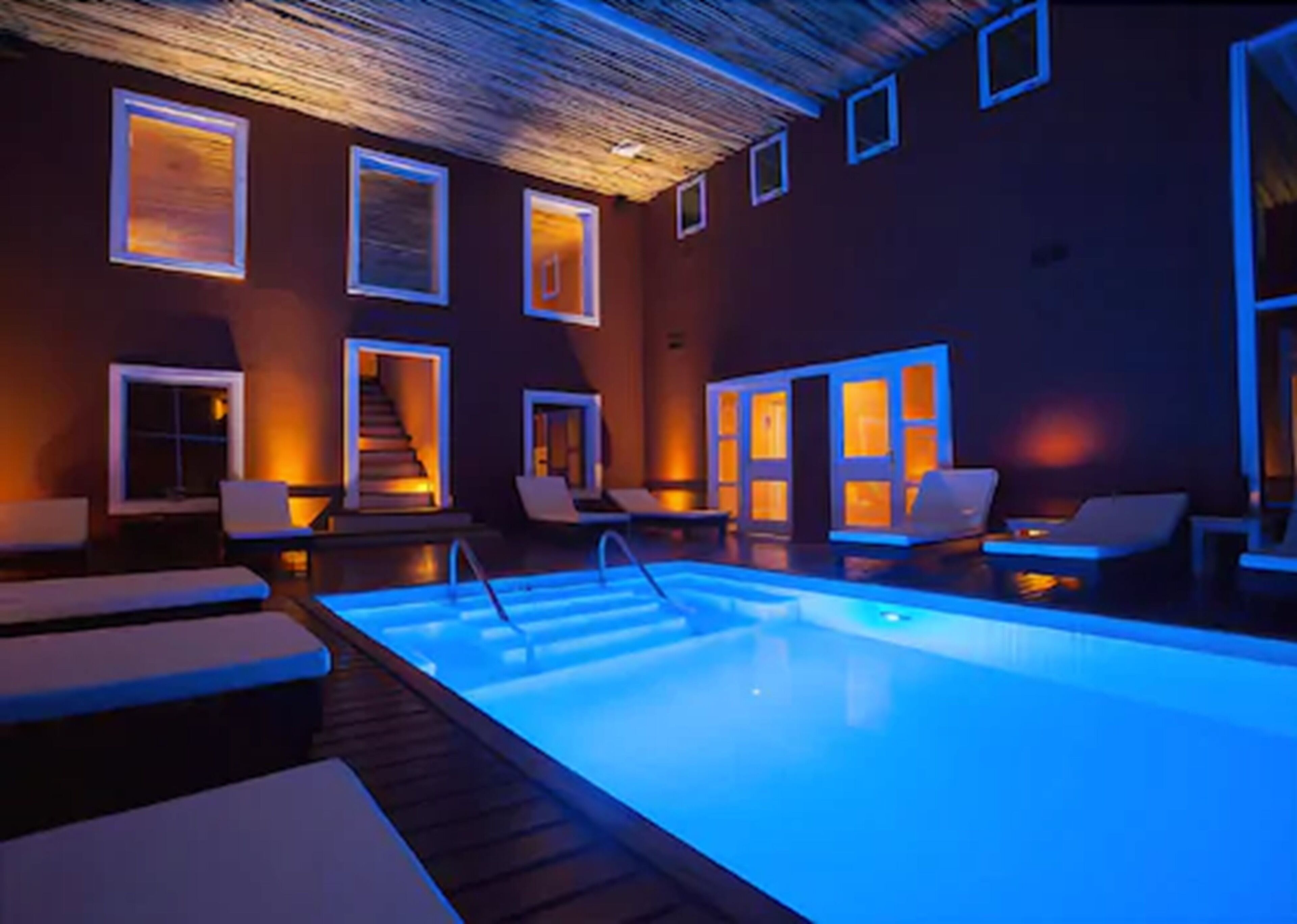 A swimming pool area with lounge chairs and a staircase leading to an upper level.