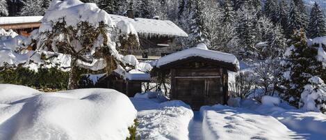 Un sendero cubierto de nieve que conduce a una cabaña de madera con techo nevado, rodeada de árboles de hoja perenne y un paisaje montañoso.