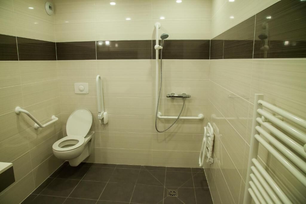 A modern bathroom with a toilet, a shower, and a handrail.
