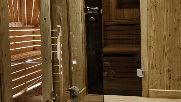 A wooden interior with a glass partition, a small plush toy, and a bench. - Hotel Pezzotti (Pellizzano)