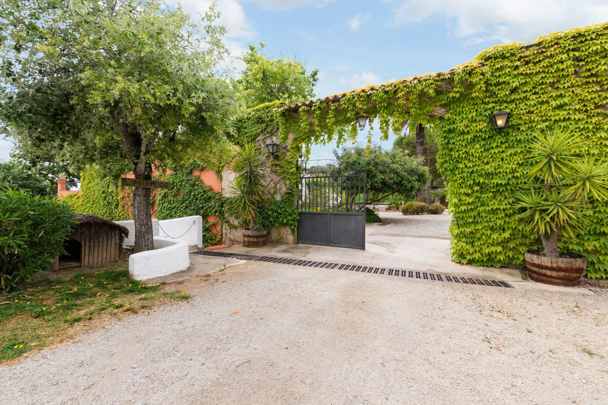 A gravel pathway leading to a gated entrance with a reception desk and a white bench.