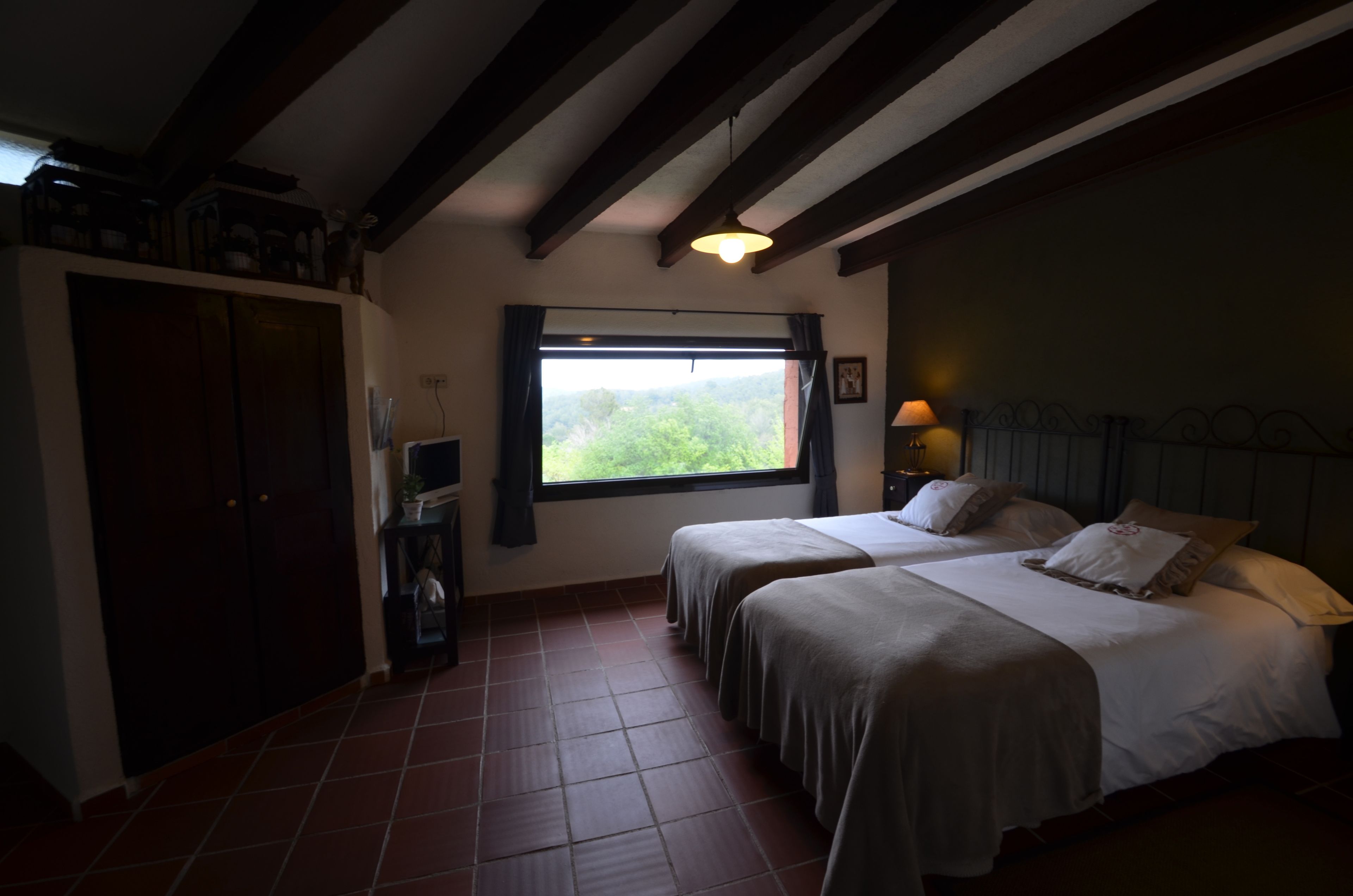 A room with two beds, a wardrobe, a window with a view, and a ceiling light.
