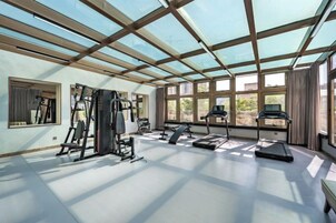 Un gimnasio amplio con equipo de ejercicio, ventanas grandes y tragaluces.