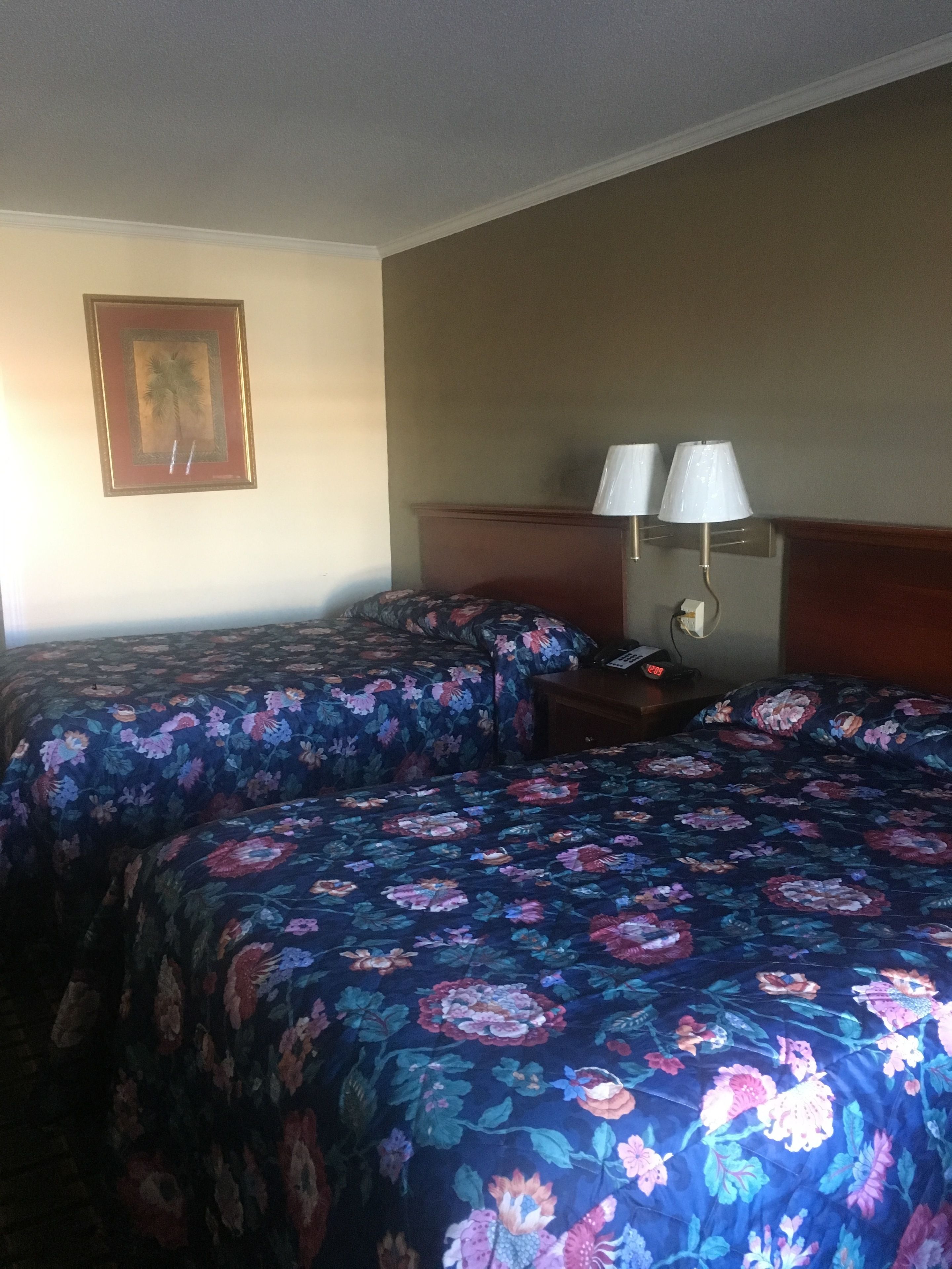 Une chambre d’hôtel avec deux lits, chacun agrémenté de draps à motifs floraux, une table de chevet avec une lampe et un tableau encadré au mur.
