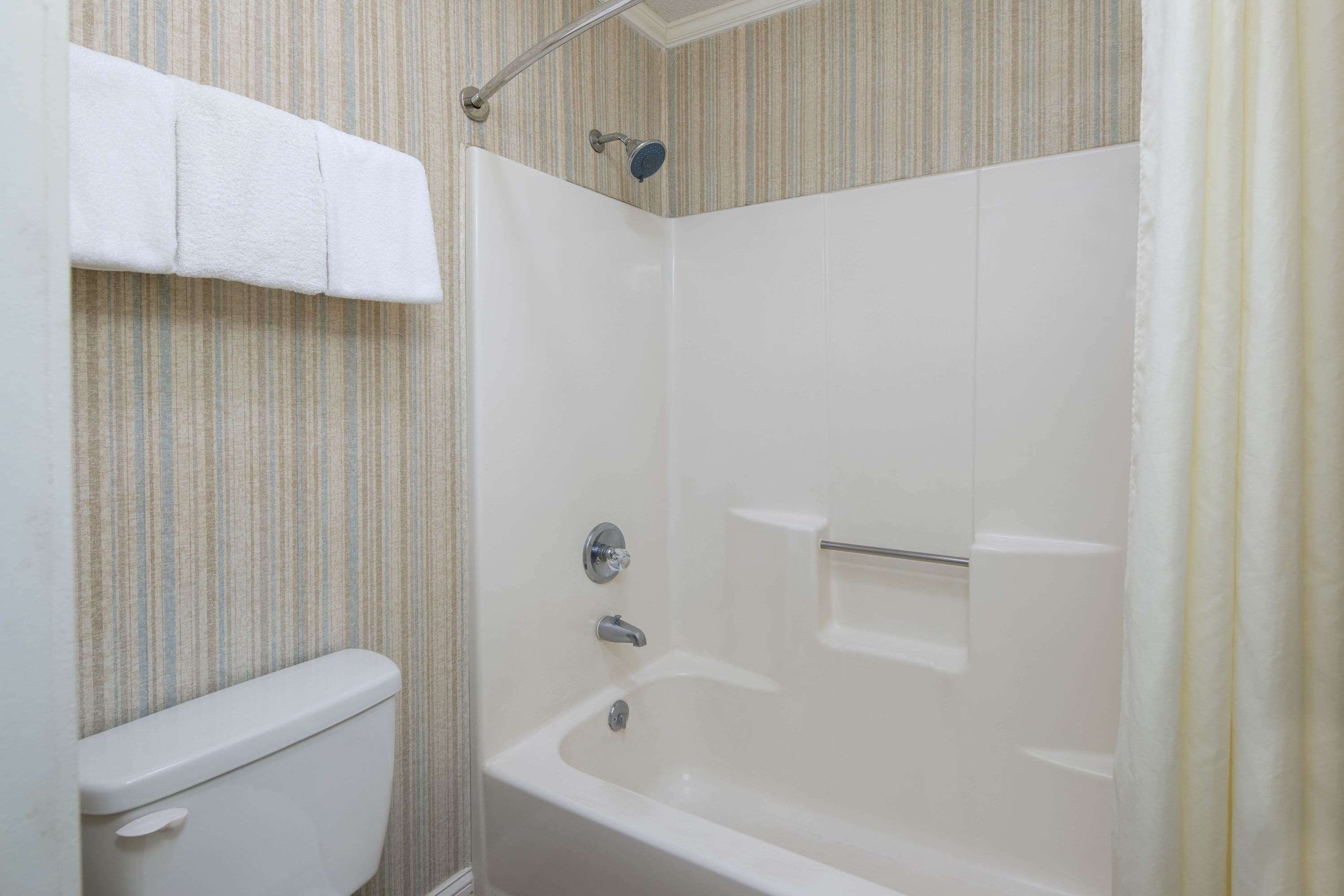 Un bagno con una vasca da bagno bianca, una doccia e un water.