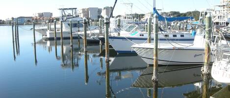 A marina with several boats docked at wooden pilings.