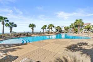 Outdoor pool, a heated pool, sun loungers