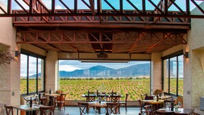 Un ristorante con tavoli e sedie disposti per consumare pasti, ampie finestre che offrono vista su un vigneto e montagne, e una struttura del tetto in metallo.