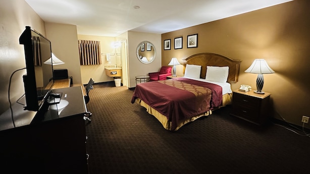 Una habitación de hotel con cama, lámparas de noche, televisor, escritorio y espejo.