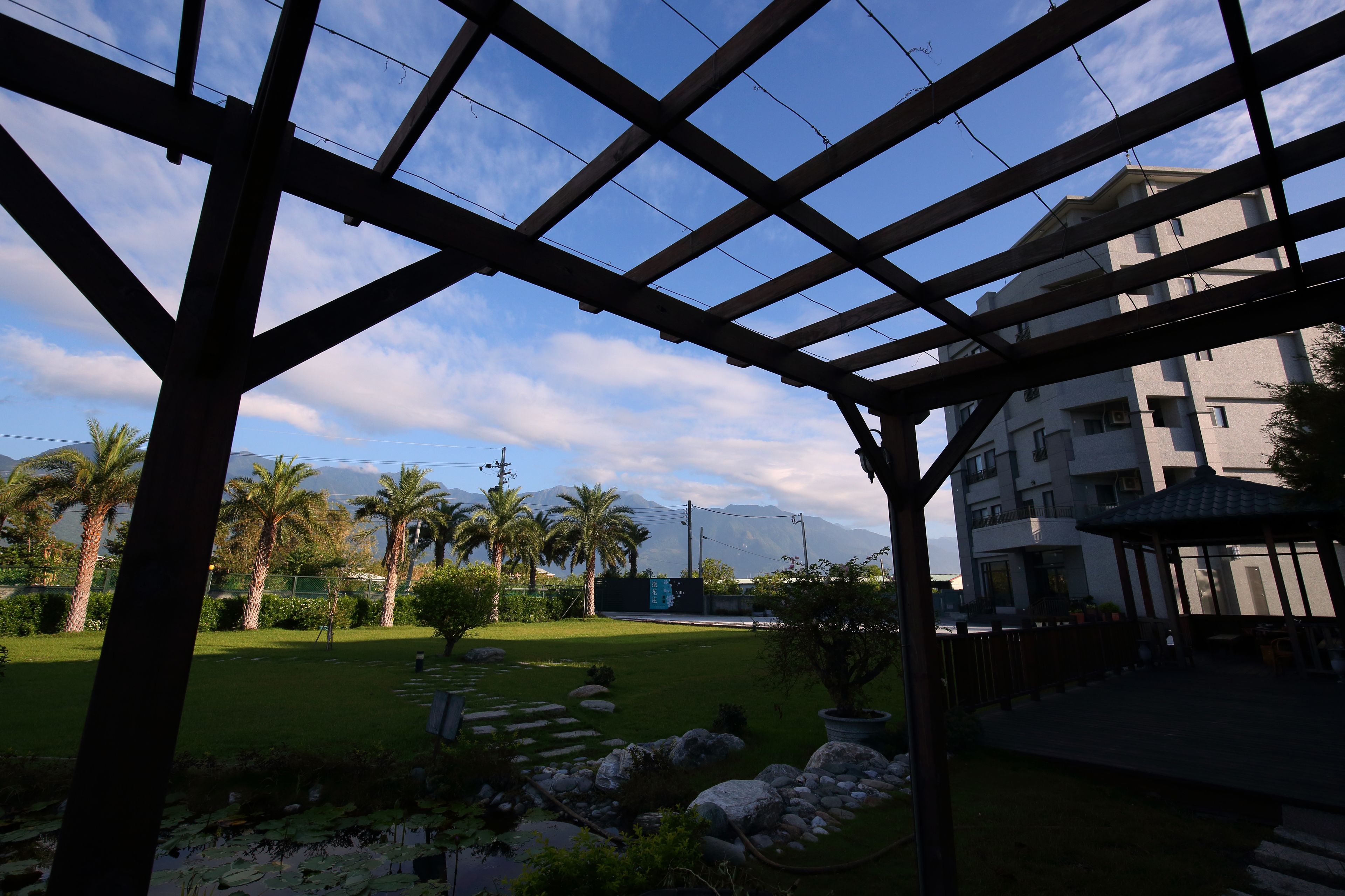 A view through a wooden pergola with a clear sky and palm trees.