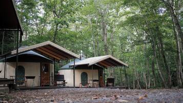 Eine Holzhütte mit überdachter Veranda, Sitzgelegenheit im Freien und Grillplatz, umgeben von einem Wald.