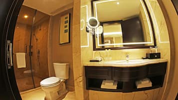 Shower, free toiletries, hair dryer, bathrobes