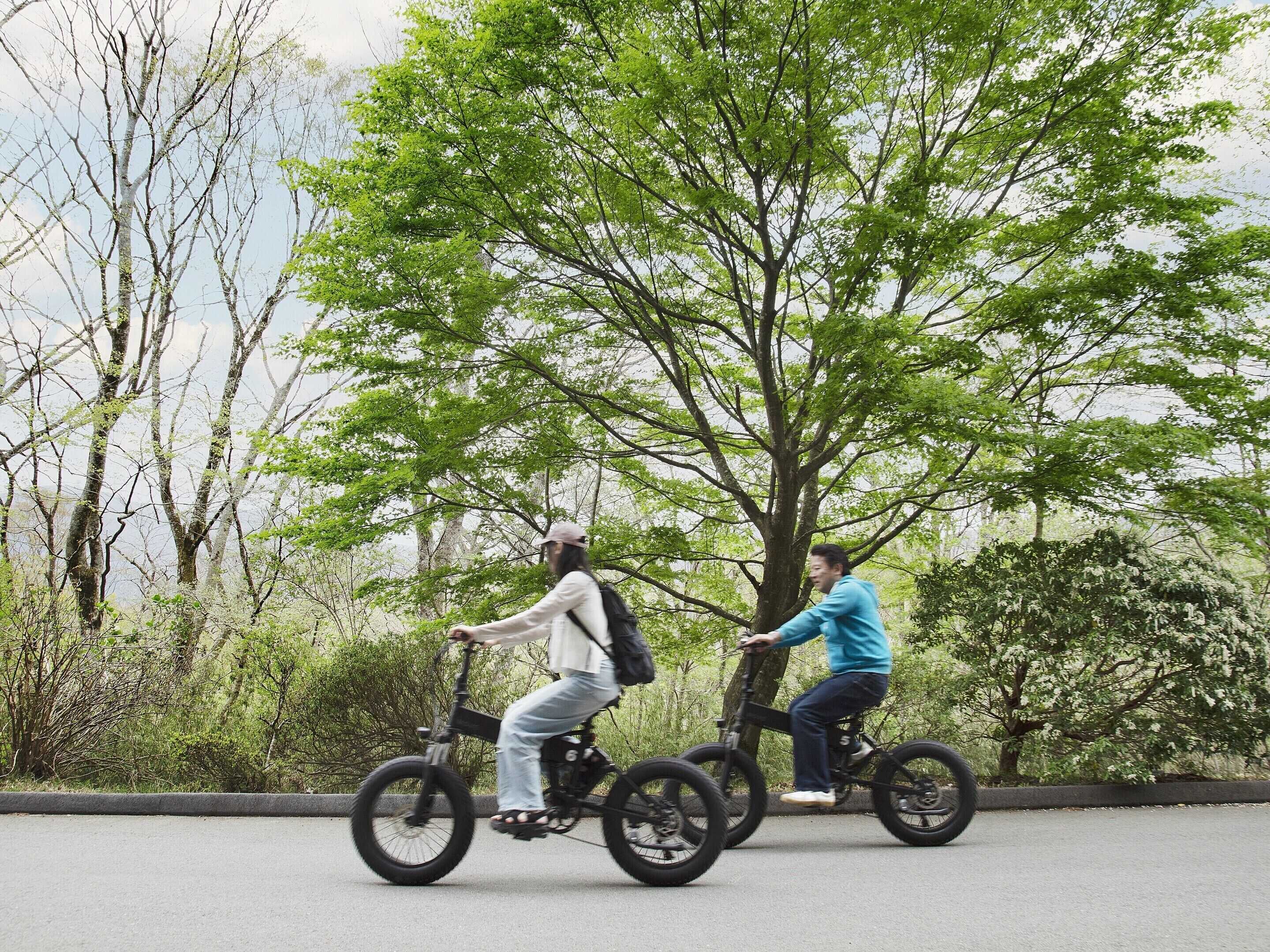 Two people riding bicycles on a road surrounded by trees and greenery.