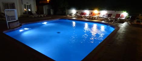 Outdoor pool, pool umbrellas, pool loungers