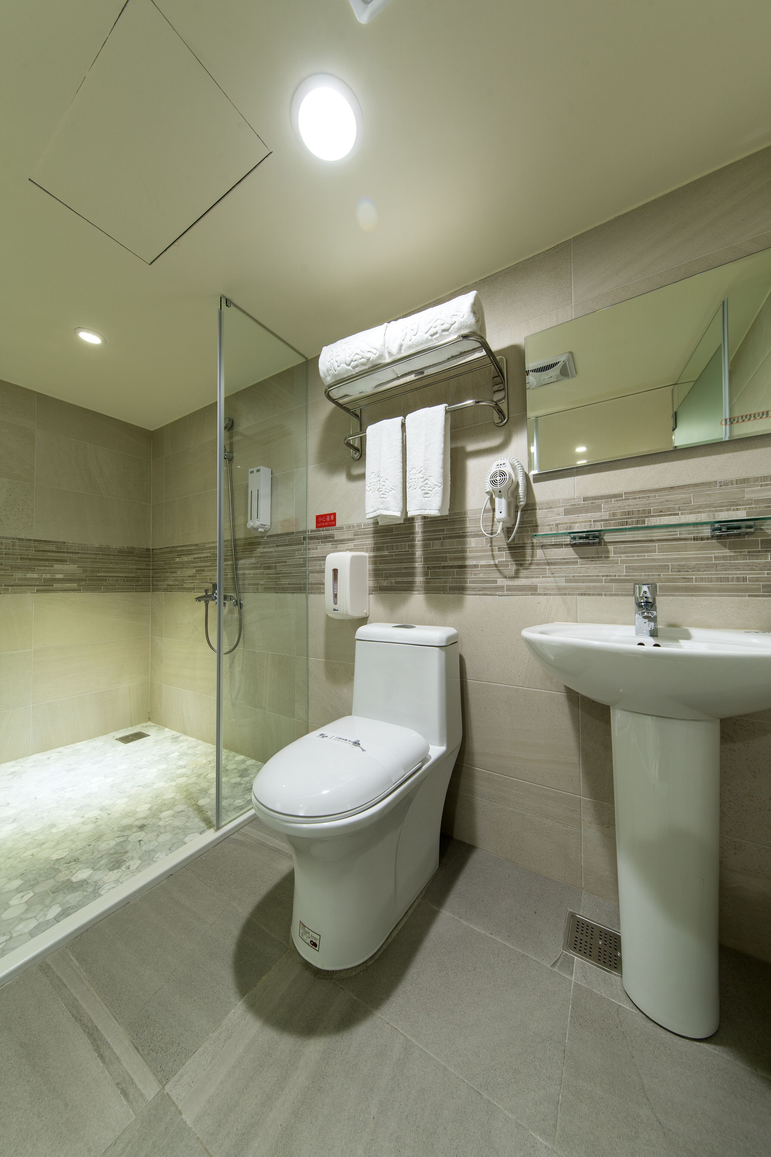 A modern bathroom with a glass-enclosed shower, a toilet, and a sink.