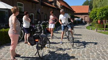 Une rue pavée, avec des vélos garés le long d’un bâtiment en briques.