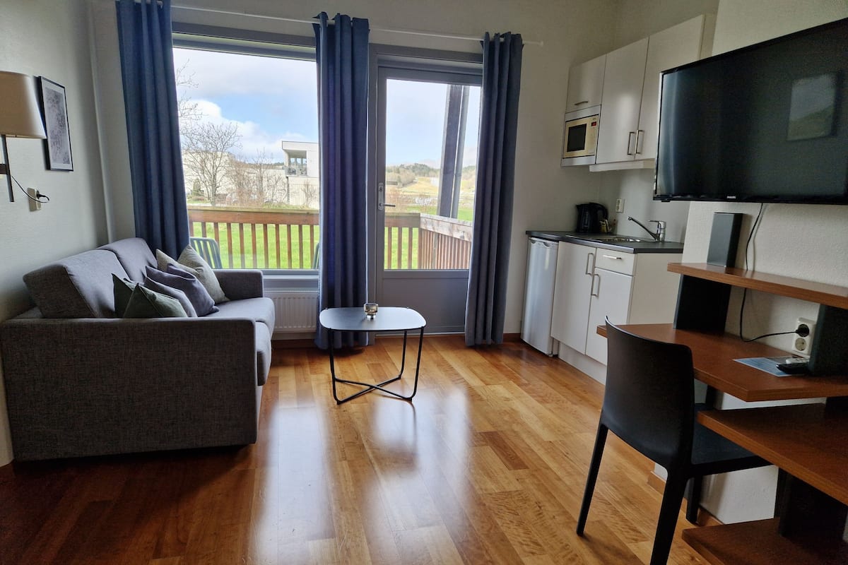 A modern living room with a sofa, a small table, a TV, and a kitchen area with a microwave.