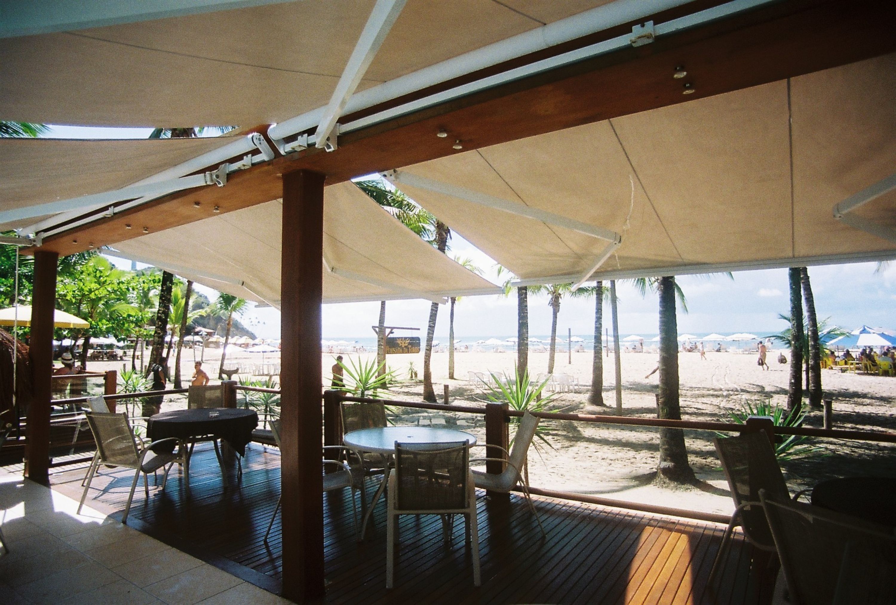 An outdoor seating area with tables and chairs, overlooking a beach with palm trees and umbrellas.