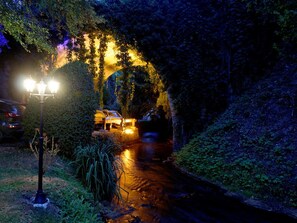 Um túnel com um carro passando, cercado por vegetação e iluminado por postes de luz.
