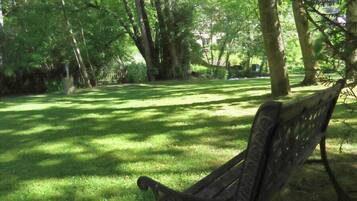 A park with a wooden bench and lush green grass.